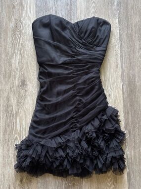 Max & Cleo NWT Black Knit Cocktail Prom Party Strapless Mesh Ruffle Dress Size 2